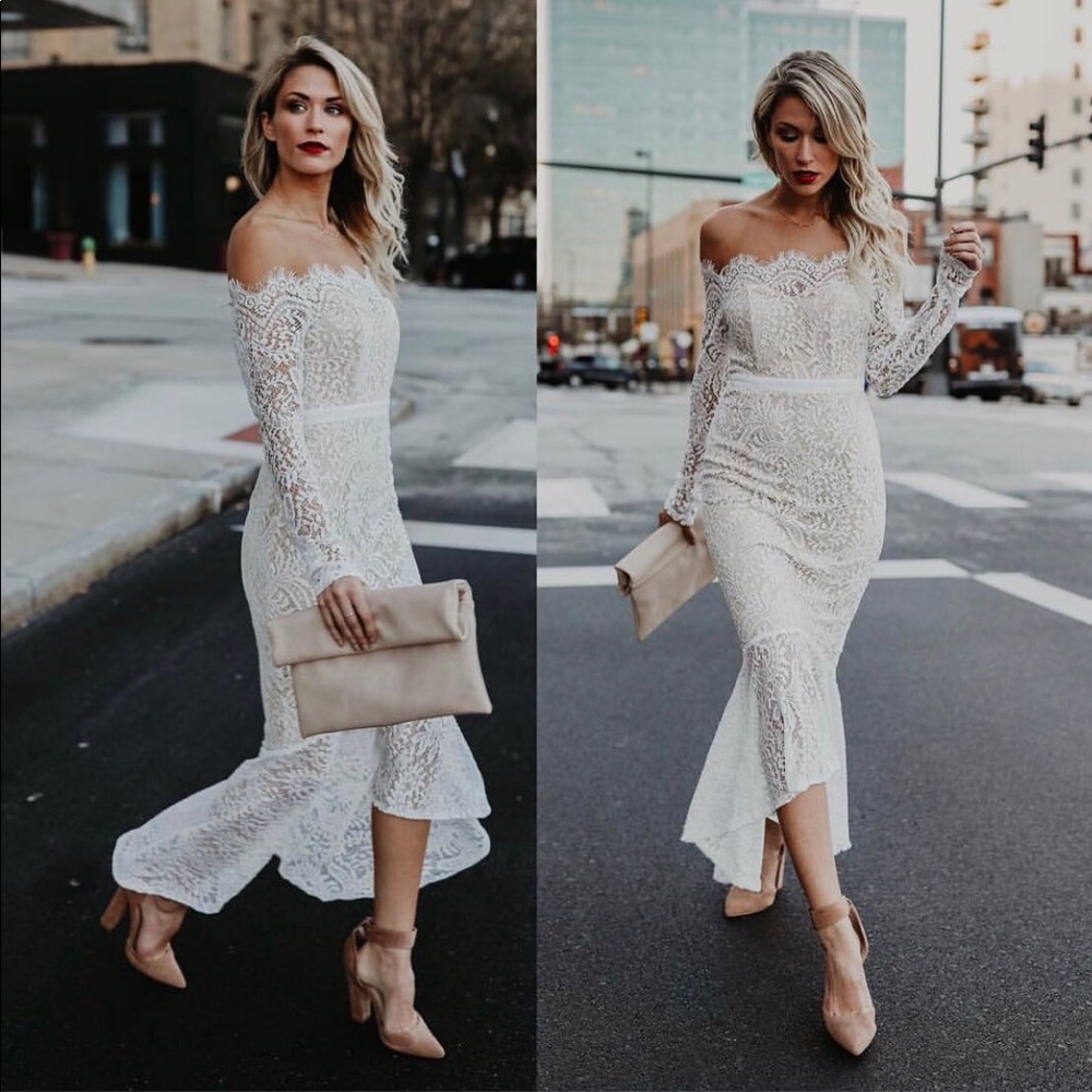 White off the shoulder vici trumpet dress